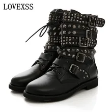 LOVEXSS Rivet Ankle Boots 2017 Latest Woman Gothic Shoes Low-heeled Punk Shoes Handsome Black Rivet Ankle Boots Punk 35 – 43