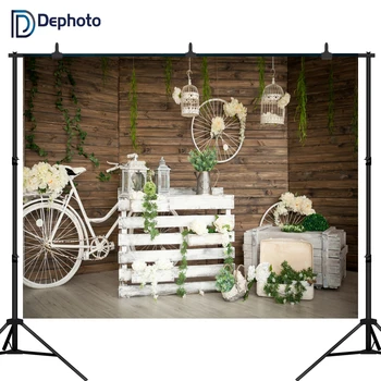 

DePhoto white bicycle Photogrpahy backdrops Wood floor flowers Photo background newborn shower backdrop wedding photo props