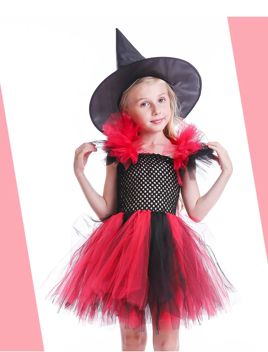 Evil Witch Girls Tutu Dress Kids Halloween Birthday Party Costume Bad Queen Princess Tutu Dress with witch Hat Photo Props (2)