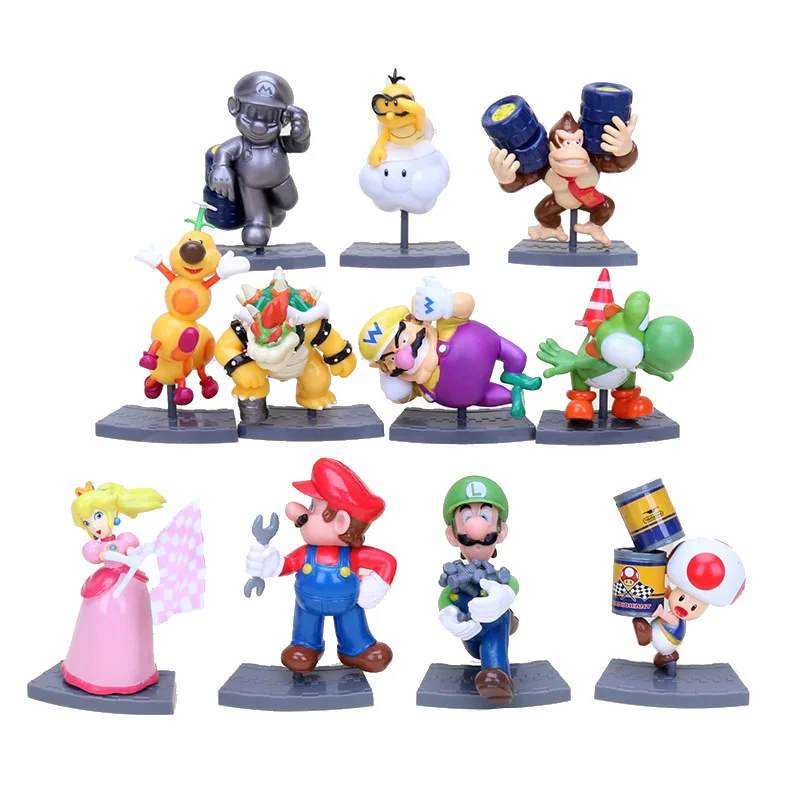 

11pcs Super Mario Bros Kart Dolls Collection Mario Luigi Toad Donkey Kong Wario Peach Racing Track Model Doll Boxed