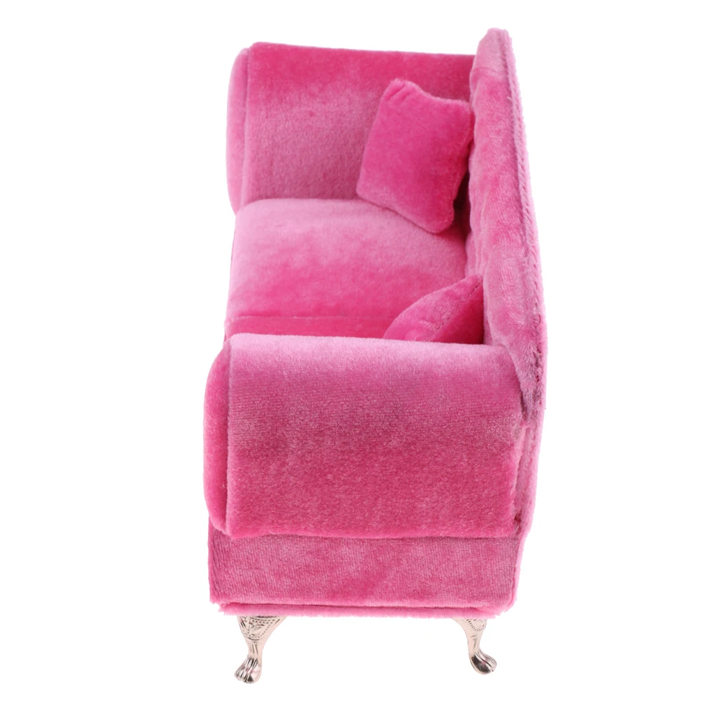 Dollhouse Pink Double Couch Long Sofa with Cushions Living Room Furniture Decor for 1/6 Scale Dolls Accessories Life Scenes