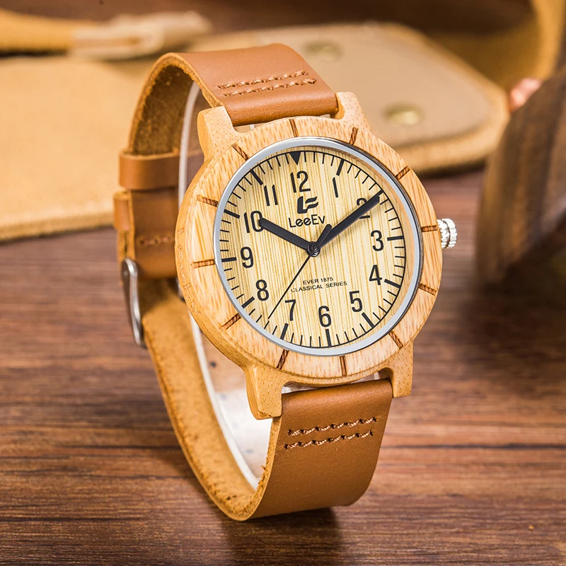 

LeeEv EV1875 Mens Handmade 100% Cow Hide Genuine Leather Strap Bamboo and Sandalwood with Quartz Movement Analog Wood Watch