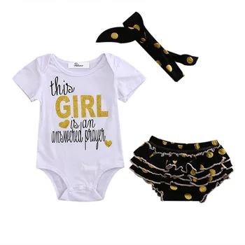 

Newborn Baby Girl Clothes Set 3pcs Short Sleeve Letter Top Bodysuit Sequin Dot Skirt Shorts Headband Outfit Summer Fashion 2018
