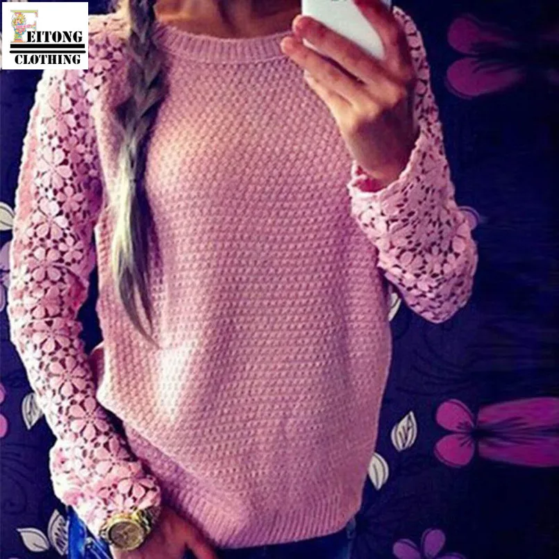 

FEITONG women sweaters and pullovers 2016 Autumn Winter Hollow out Lace Long Sleeve O-Neck Sweater Pullover Loose Knitwear Femme