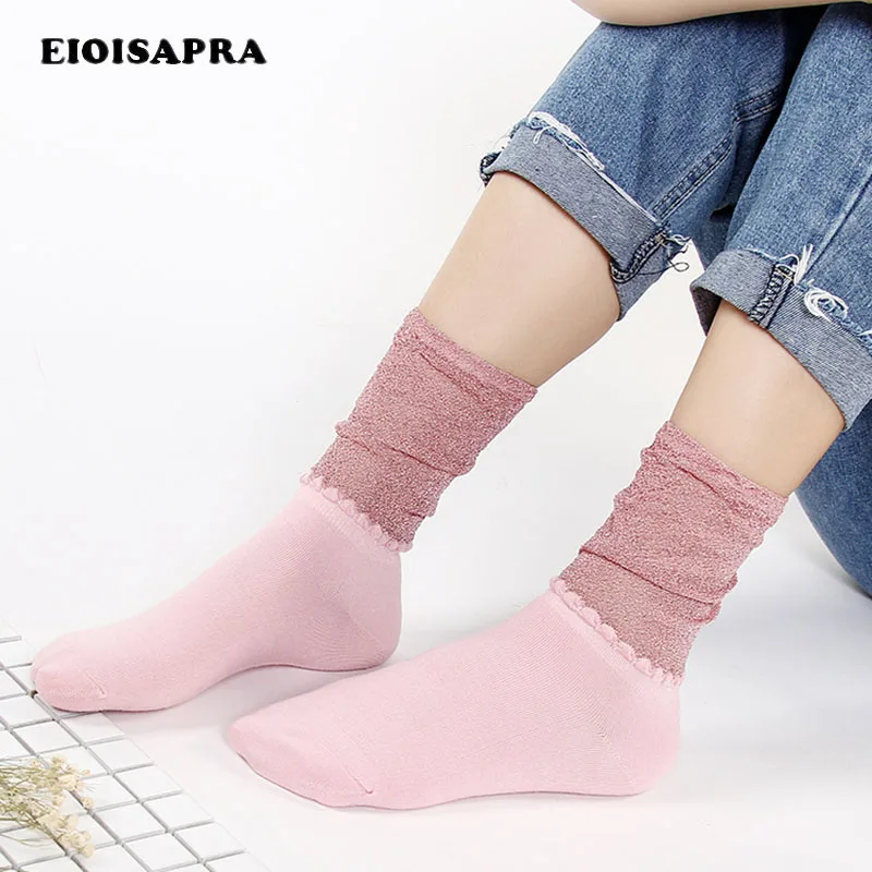 

[EIOISAPRA]Heap Heap Shiny Gold Silver Silk Socks Bottom Of The Cotton Sokken Harajuku Fashion Japan Shining Socks Women