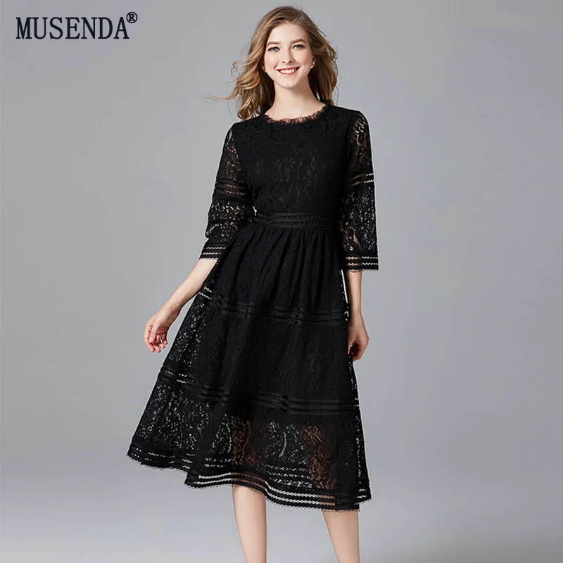 Black Lace 3/4 Sleeve Tunic Midi Women Dress Plus Size Elegant Vintage