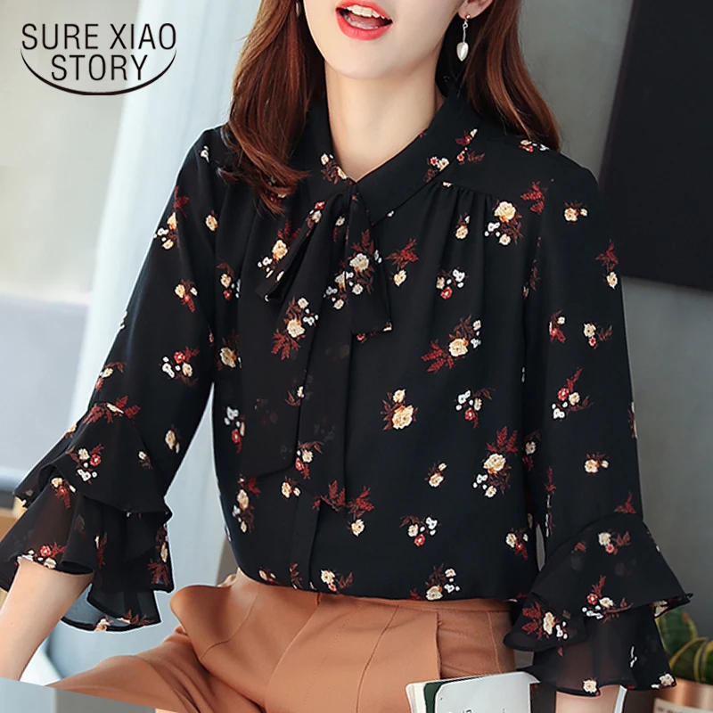 

Fashion women blouses 2019 print Chiffon blouse shirt flare sleeve women shirts trun down collar womens tops and blouses 2760 50