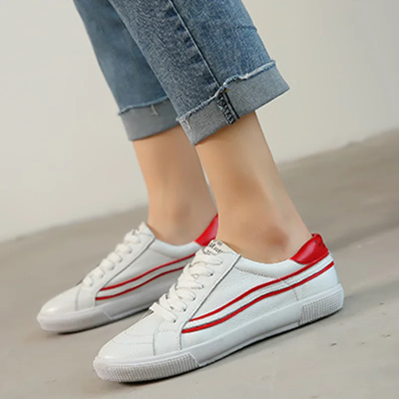 Señoras De 01 Calidad Mujeres 02 Zapatos Casuales Marca Planos Las Genuino white Cuero Red A072 100 white Zapatillas Alta Transpirable White And Blanco Los La Silver 01 65wqA