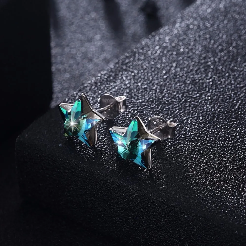 

INALIS sterling silver S925 earrings star mounted natural Austrian blue crystal earrings simple design ladies jewelry