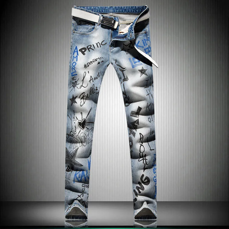 Горячая Распродажа новые дизайнерские мужские джинсы с модным принтом длинные брюки синие джинсы скинни повседневные упругие мужские джинсы брюки одежда - Цвет: A004