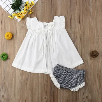 

Summer Cute Newborn Baby Girls Clothing Set Solid Sleeveless White Lace Top + Plaid Lace Shorts Two Piece Set 0-2Y