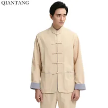 Новое поступление бежевый китайский Для мужчин рубашка Мужской Летние льняные хлопка с длинным рукавом Hombre Camisas Размеры размеры s m l xl XXL, XXXL 2707- 1