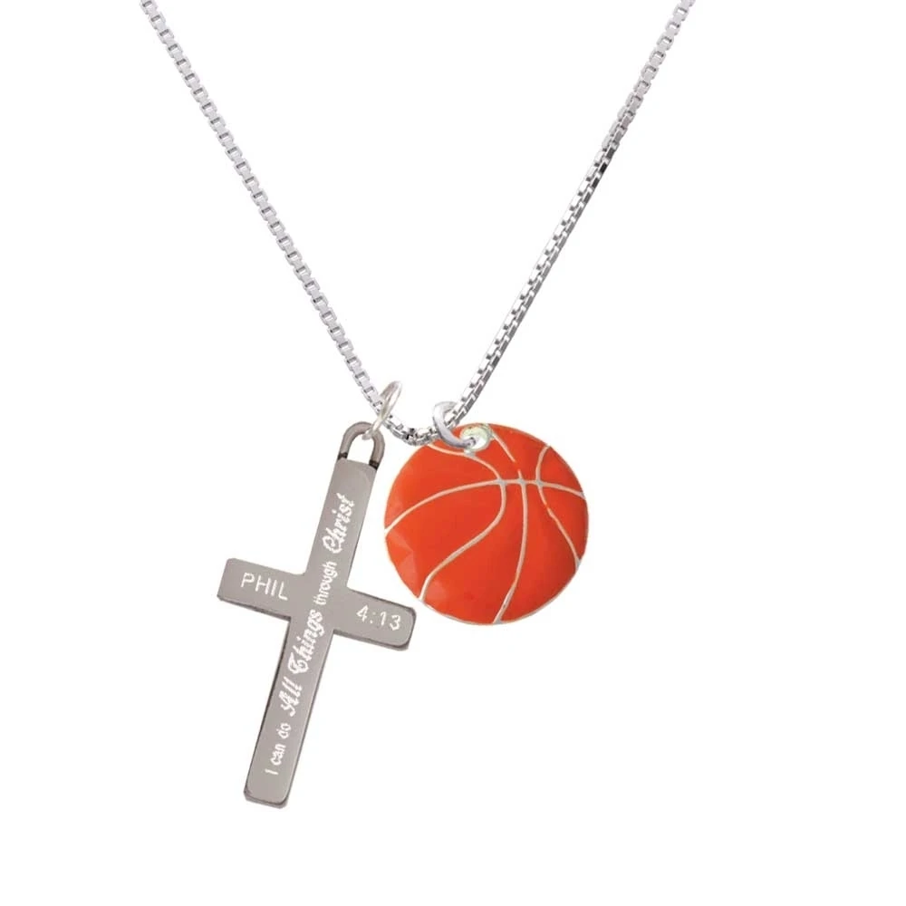 3/4'' Enamel Basketball - I Can Do All Things - Cross Necklace