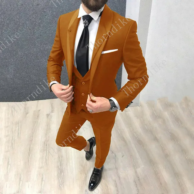

Brand Men Suit 2019 Wedding Suits for Men New Style Collar 3 Pieces Slim Fit Orange Suit Mens Customer Homme Tuxedo Jacket