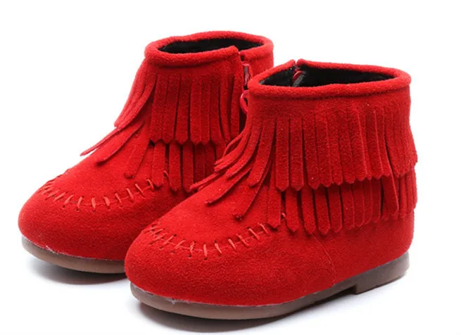 Зимние Детские Ботинки martin; От 4 до 6 лет ботинки Zhongbang с кисточками для девочек; бархатная Толстая теплая хлопковая обувь - Цвет: red