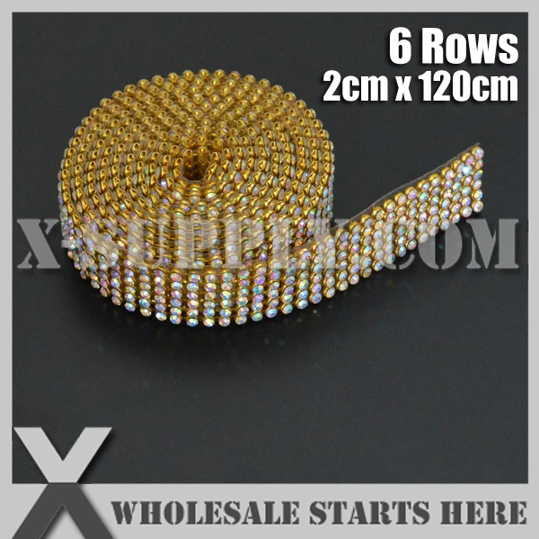 3mm 6 Rows Metal Rhinestone Mesh Trim Crystal AB Rhinestone in Gold