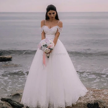 

A Line Beach Wedding Dresses 2020 Off The Shoulder Spaghetti Straps Bridal Gowns Lace Backless Wedding Dress Vestido de Noiva