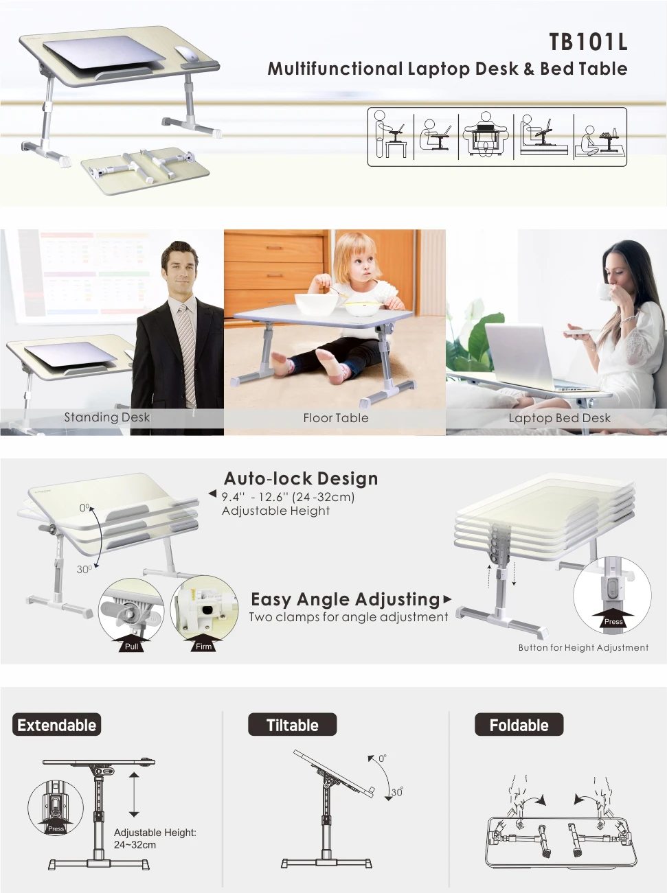 Avantree Adjustable Laptop Bed Coach Table Portable Standing Desk