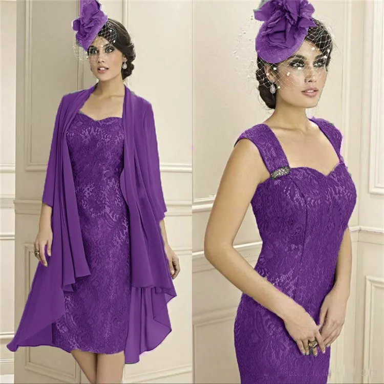 Плюс размер Русалка Кружева Формальное Мать невесты платье наряды с курткой длиной до колена с открытыми плечами - Цвет: Bright Purple