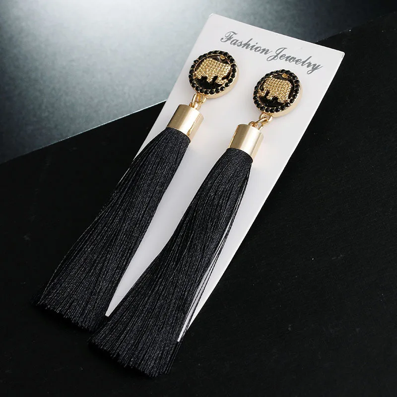 

Tassel Dangle Earrings For Women's Ethnic Crystal Gold Elephant Long Silk Fabric Drop statement Earring 2019 Fashion Jewelry