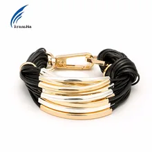 Transna Multilayer Gold Color Metal With Black Wax Line Bracelet Office/career Bracelets For Women Bileklik Pulseira Feminina