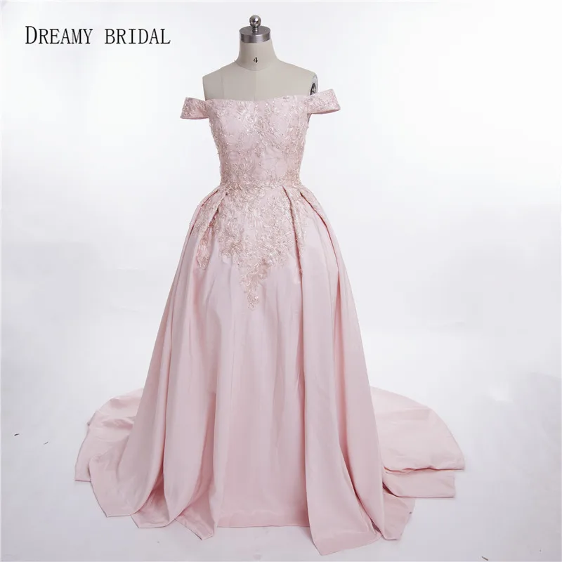 

Dreamy Bridal Off the Shoulder Robe De Soiree Elegant Pink Vestidos De Festa Pearls Short Sleeves Evening Dresses Custom Made