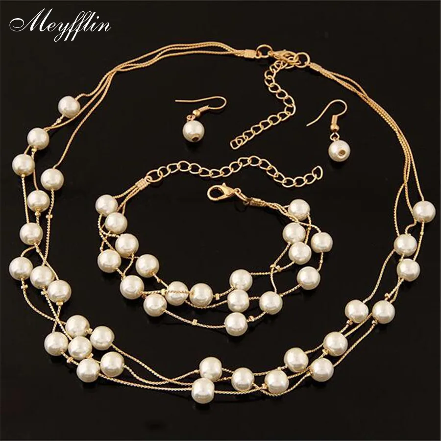 Fashion Simulated Pearl Jewelry Sets For Women Statement Necklace Earrings And Bracelet Set