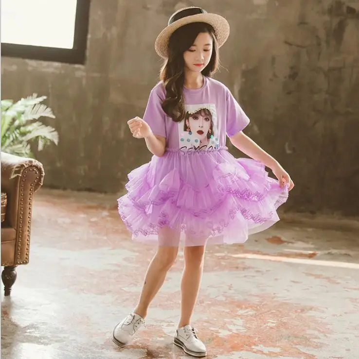 В Корейском стиле; платье с лоскутами для девочек модная летняя хлопковая Пышная юбка из тонкой прозрачной ткани для девочек платья От 4 до 9 лет B864