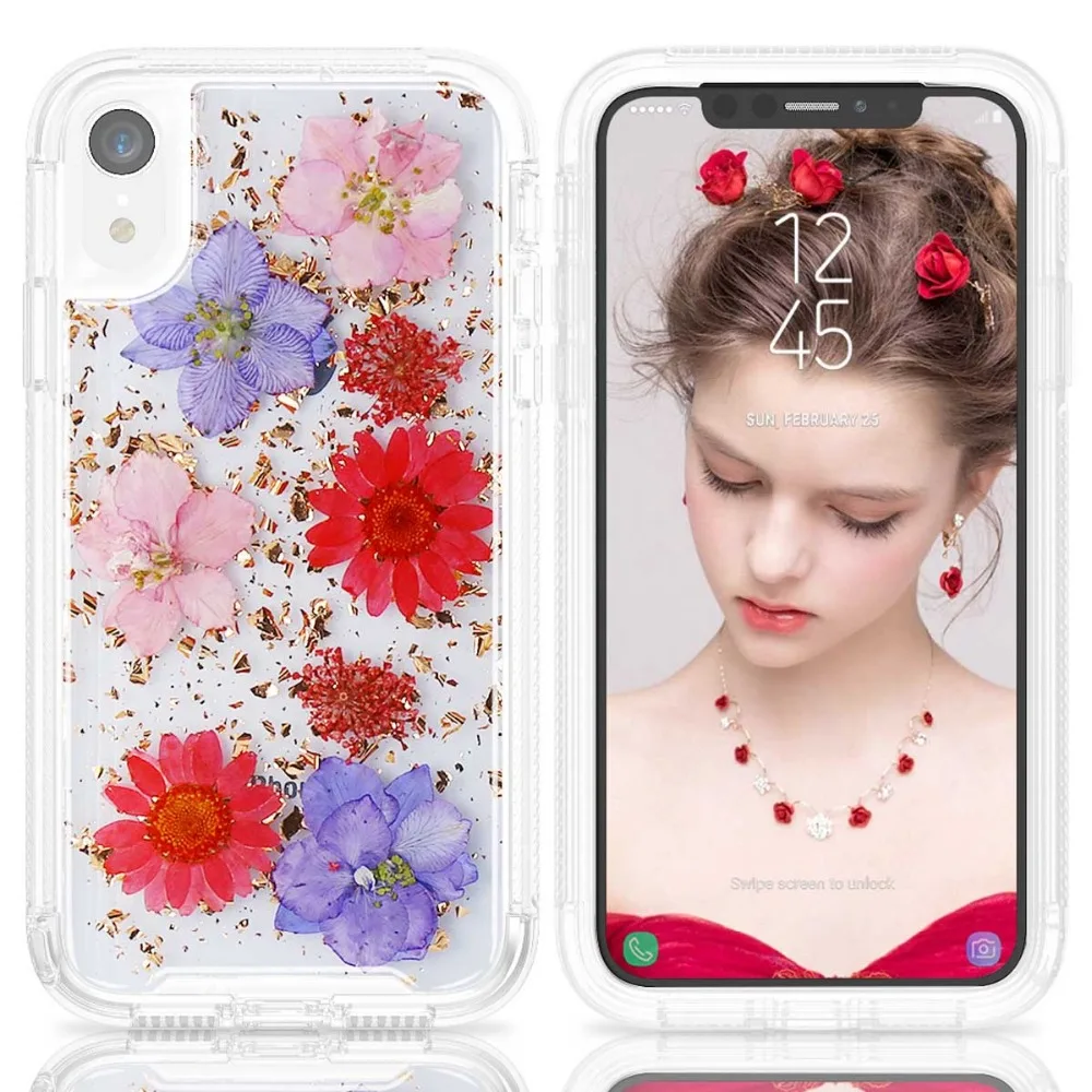 

For Coque iPhone Xr Case Handmade Natural Flower Glitter Case Shockproof Hard PC Cover TPU Frame for iPhone XR Xs Max Funda Capa