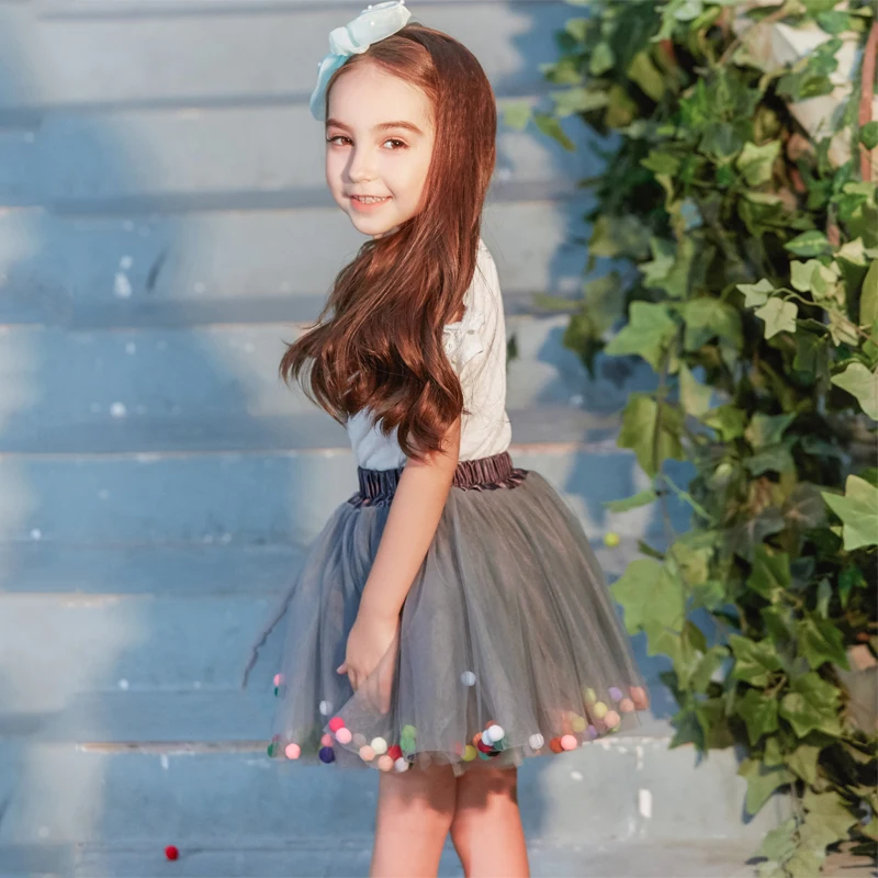 B&N Soft Chiffon Elastic Waist Girl Princess Pettiskirts Children Dance Solid Tutu Skirts Coloful Pompom Tulle Skirts For 2-8T13