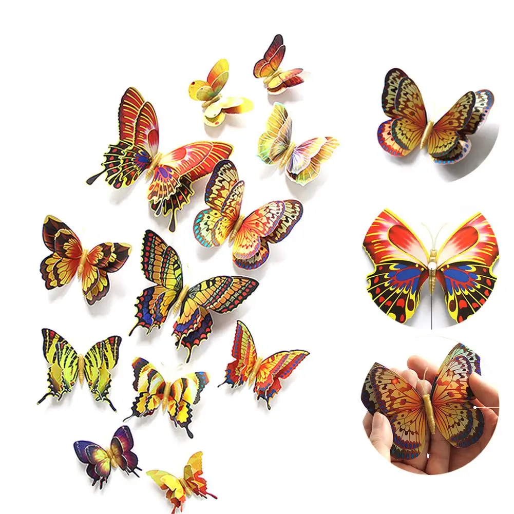 12pcs/pack Gold 3D Double Layer Butterfly Pattern Wall Sticker Stereo