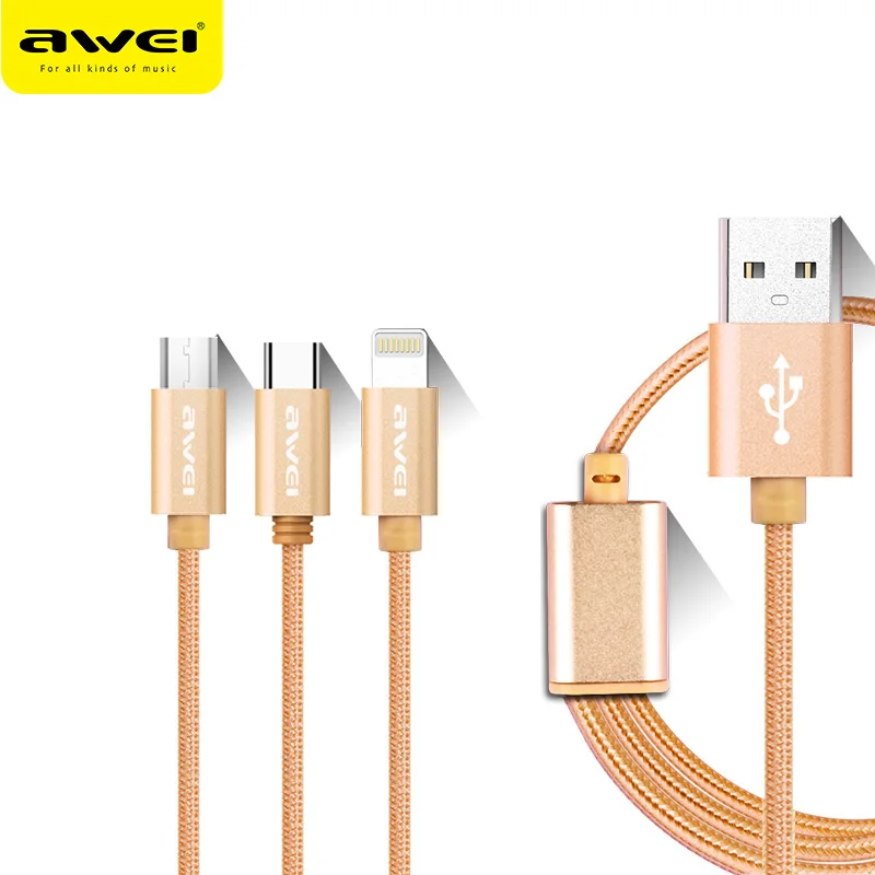 Awei المحمولة كابل بيانات 3 in1 النايلون مضفر سلك ل البرق مايكرو نوع-c ل apple ل huawei ل xiaomi oppo vivo
