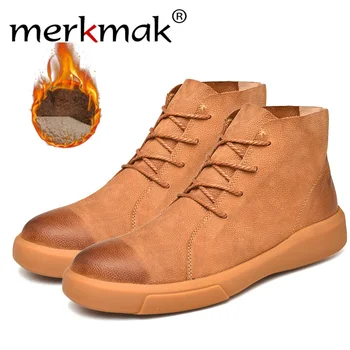 

Merkmak Winter Men Snow Boots Ankle Boots Man Genuine Leather Plush Warm Men Motorcycle Boots Autumn Outdoor Man Shoe Size 38-47