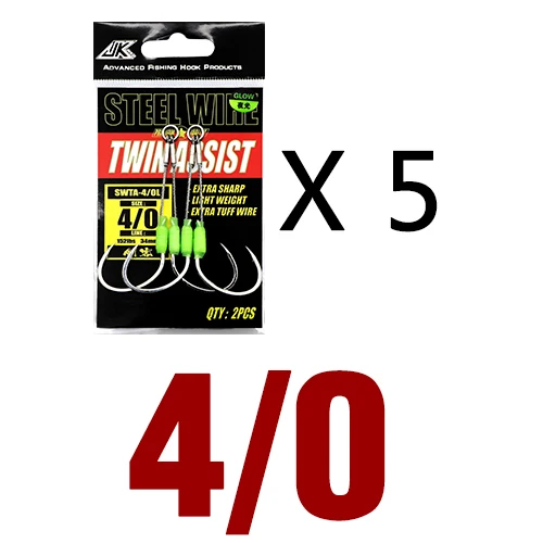 JK 5packs Sea Fishing Hook Steel Wire 7x7 Slow Jigging Size 1/0 2/0 3/0 4/0 5/0 Luminous Double Assist Hook Slow Pitch Tackle 5packs - 4 l 0