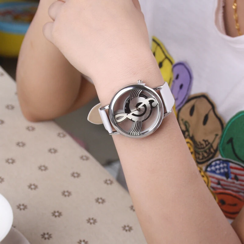 Shellhard Fashion PU Band Stainless Steel Analog Quartz Casual Watch Notation Hollow Music Men Women Wrist Watch Montre Femme