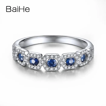 شراءBAIHE الصلبة 18K الذهب الأبيض 0.32CT H/SI الجولة الطبيعية خاتم من الياقوت الأزرق للنساء 0.12ct الماس الزفاف العصرية غرامة مجوهرات رجل خاتم