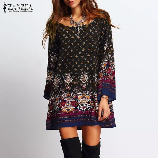 ZANZEA Women Dress 2018 Ladies Sexy Mini Vintage Print Dress O Neck Long Sleeve Floral Casual Ethnic Short Veatidos