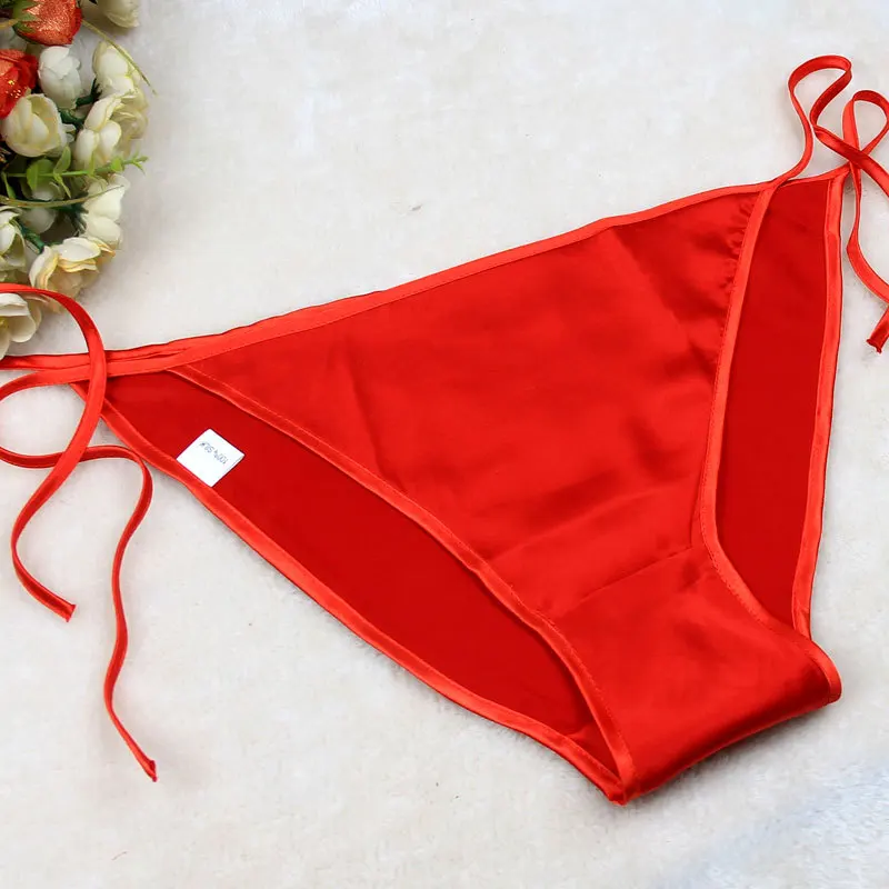 

2 pieces / lot direct Selling Time-limited Rushed Bow Solid Wine Lace-up Silk Panties Female Pure T Thong Briefs Sexy Lacing