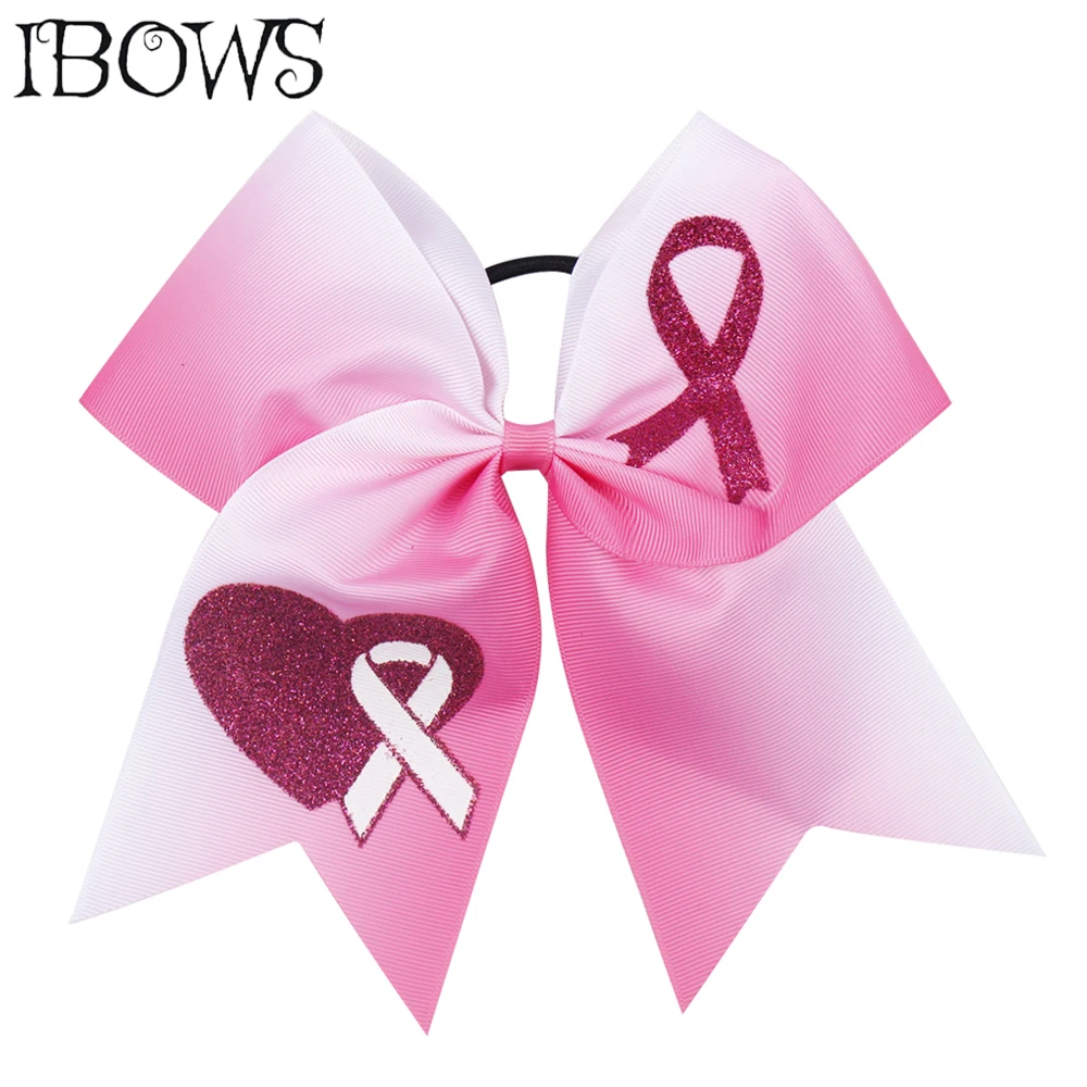 7'' Breast Cancer Cheer Bow With Elastic Hair Ropes Printed Glitter