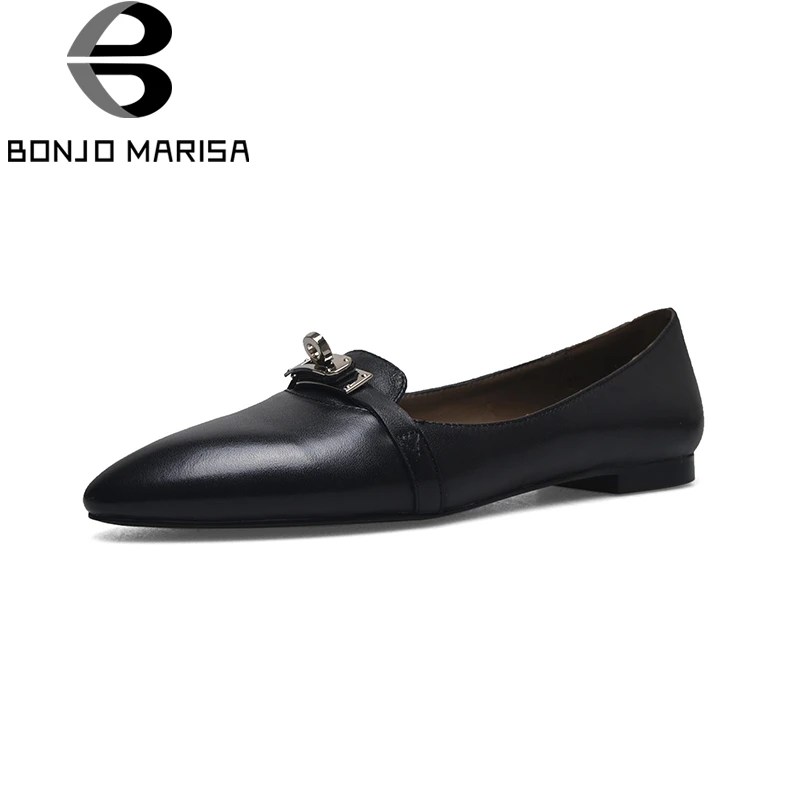 

BONJOMARISA 2019 Genuine Leather Black Cow Leather Flat Large Size 33-40 Women Shoes Woman Leisure Slip On Woman Flat Shoes