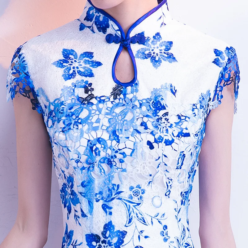 Синий и белый фарфор современный Qipao длинное свадебное китайский антиквариат для продажи традиционное Ципао сексуальное Восточный вечер