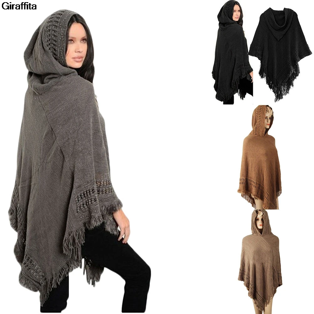 

New Women Ladies Tassel Cape Coat Fringe Poncho Oblique Stripe Coat Bohemian Shawl Scarf