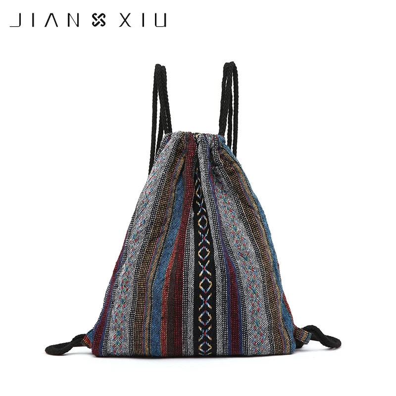 

JIANXIU Women's Bohemian Drawstring Backpack Size 35.0 cm * 20.0 cm * 2.0 cm Lightweight Cotton Drawstring Rucksack Bags