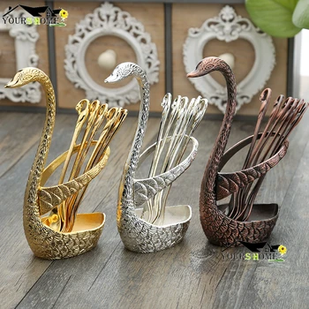 

Swan Spoon Base Holder Fruit Forks Set Stainless Steel Salad Dessert Forks Spoon Coffee Cake Tools Tableware Barware
