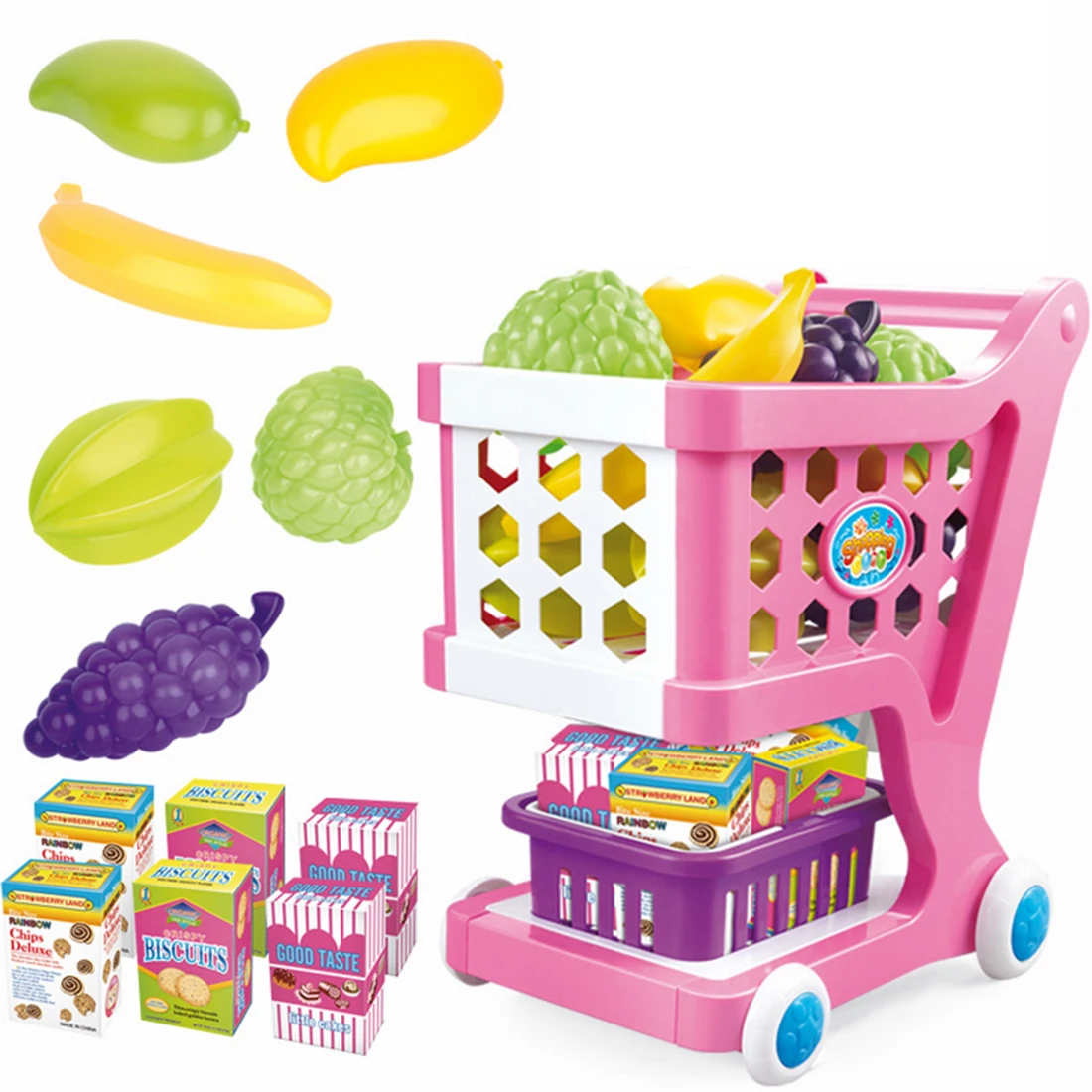 Супермаркет тележка моделирование Тележка для покупок с фруктами овощи продукты игрушки для детей Раннее Обучение
