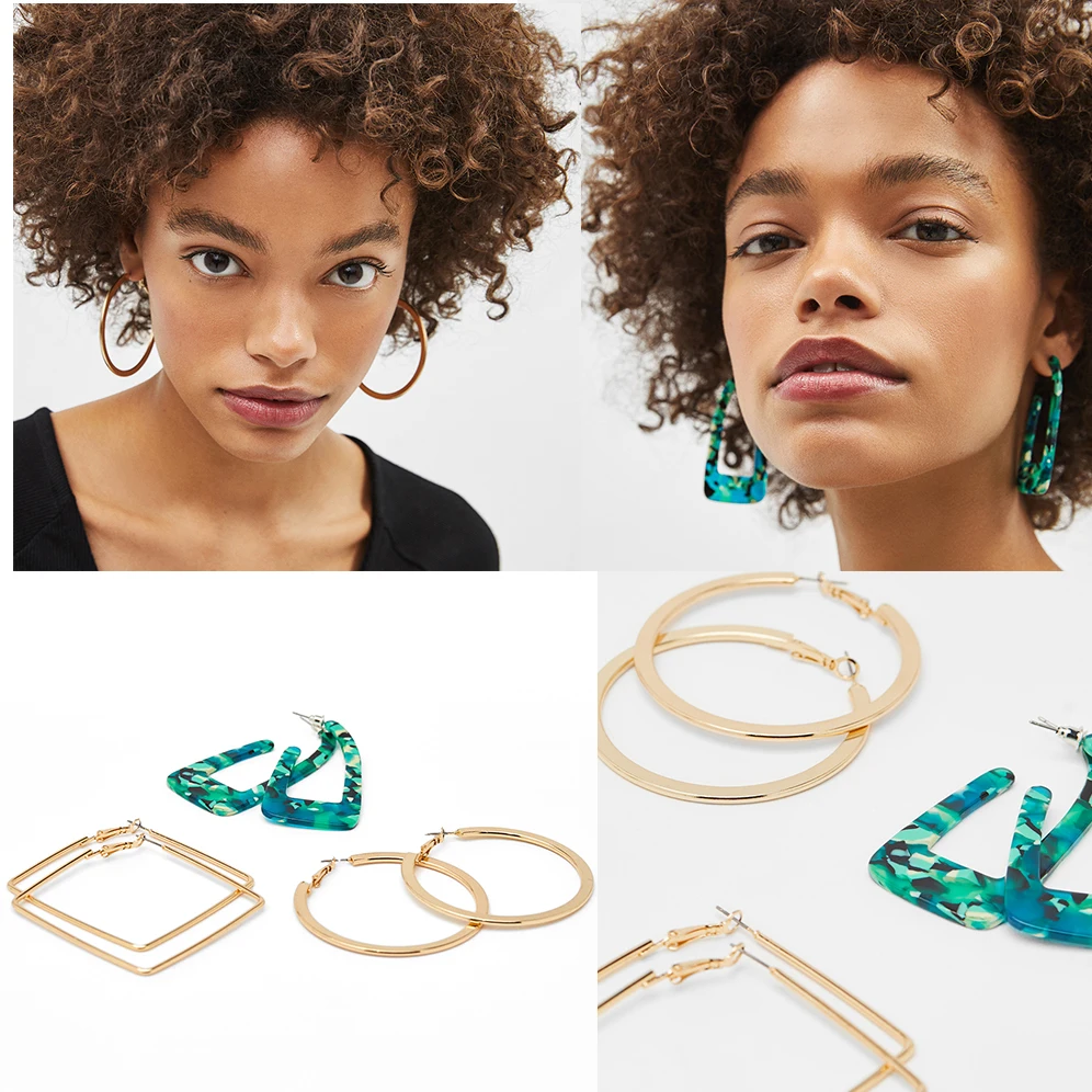 

3 Pairs/Set 2019 Za new Trendy Acrylic Triangle Shaped Metal Big Round Hoop Earrings Set Vintage Woman Hoop Earrings Set