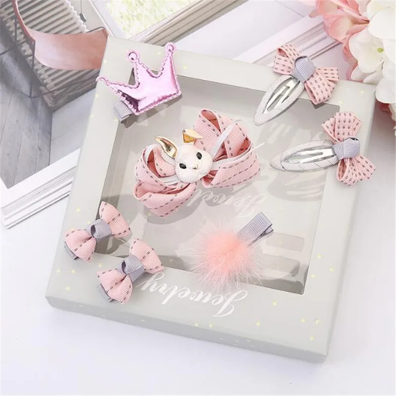 

1set=7 pcs/3 pcs New Lovely Children Girls Rabbit Crown Hair Accessories Set with Box Kids Cute Hair Clips Headwear Dropshipping