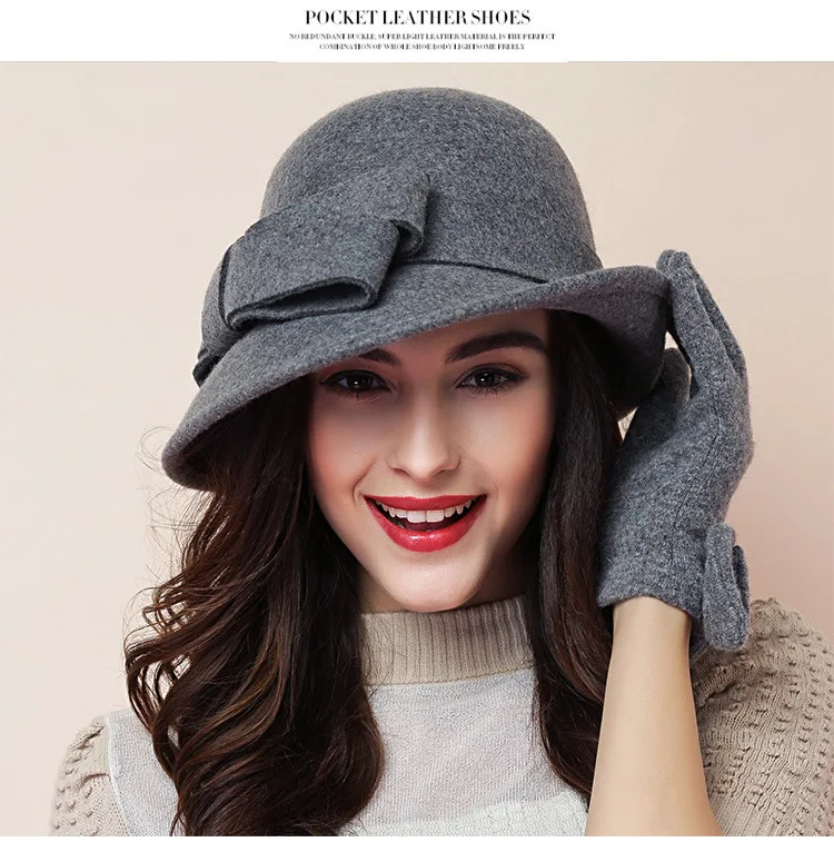 Women Party Formal Headwear Lady Winter Fashion Asymmetric Bowknot 100% Wool Felt Hats straw bucket hat