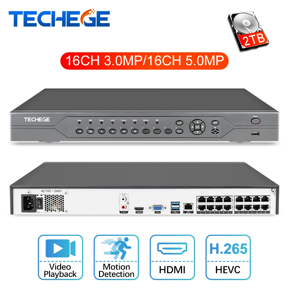 Techege 16CH 5MP POE NVR 48 В реального PoE NVR 5MP 3MP 4K Сетевой Видео Регистраторы для ip-камеры с питанием по POE P2P XMeye CCTV Системы Onvif FTP