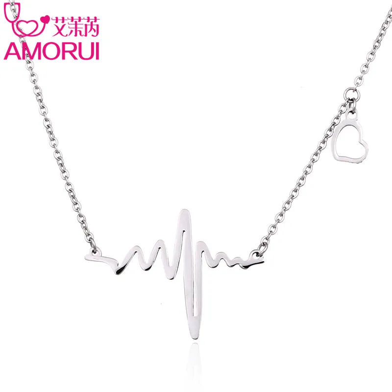 AMORUI Fashion Heartbeat Pendant Chain Necklace Women Rose Gold/Gold/Silver Color Choker Stainless Steel Necklaces Jewelry 30Pcs